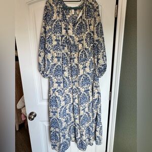 Dokotoo Blue White Toile Floral Boho Midi Dress Long Sleeve 2XL